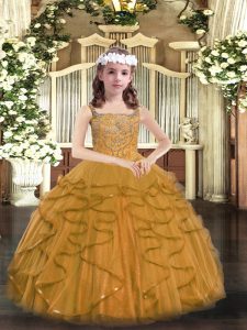 Straps Sleeveless Lace Up Pageant Gowns For Girls Brown Tulle
