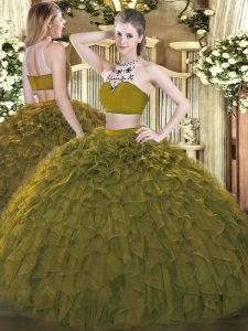 Captivating Olive Green Sleeveless Tulle Backless Sweet 16 Quinceanera Dress for Military Ball and Sweet 16 and Quinceanera