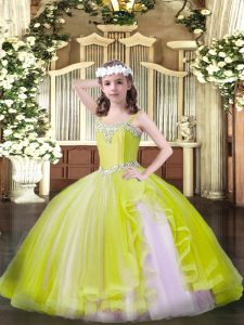 Sleeveless Floor Length Beading Lace Up Kids Pageant Dress with Yellow