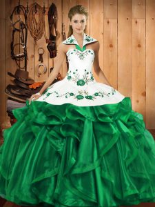 Halter Top Sleeveless Satin and Organza Sweet 16 Dresses Embroidery and Ruffles Lace Up