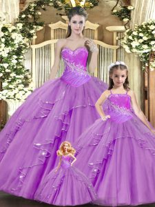 Shining Sweetheart Sleeveless Vestidos de Quinceanera Floor Length Beading and Ruching Lilac Lace