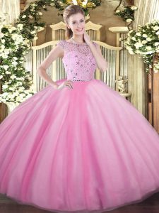 Extravagant Rose Pink Tulle Zipper Bateau Sleeveless Floor Length Quinceanera Gown Beading