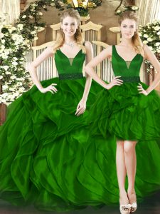 Charming Sleeveless Tulle Floor Length Lace Up 15 Quinceanera Dress in Dark Green with Beading and Ruffles