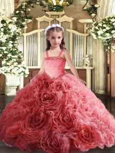 Ball Gowns Girls Pageant Dresses Coral Red Straps Fabric With Rolling Flowers Sleeveless Floor Length Lace Up