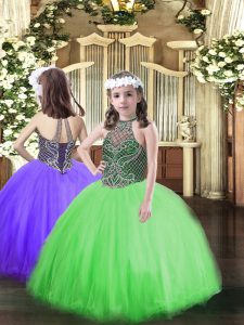 Green Lace Up Halter Top Beading Pageant Dress Womens Tulle Sleeveless