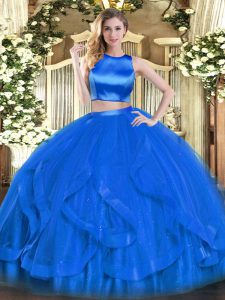 Blue Two Pieces Ruffles 15 Quinceanera Dress Criss Cross Tulle Sleeveless Floor Length