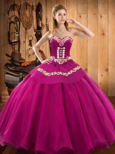 Beautiful Fuchsia Ball Gowns Sweetheart Sleeveless Tulle Floor Length Lace Up Ruffles Quince Ball Gowns