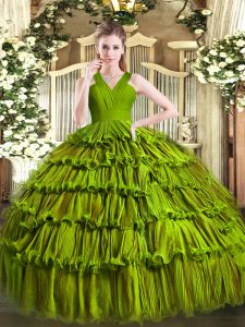 High Class Olive Green Zipper V-neck Ruffled Layers Quinceanera Dress Organza Sleeveless