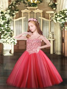 Dramatic Coral Red Lace Up Little Girls Pageant Dress Appliques Sleeveless Floor Length