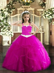 Tulle Straps Sleeveless Lace Up Appliques and Ruffles Little Girls Pageant Dress in Fuchsia