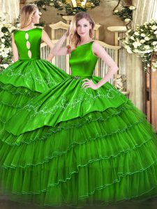 Green Sleeveless Organza Clasp Handle Quinceanera Dress for Military Ball and Sweet 16 and Quinceanera