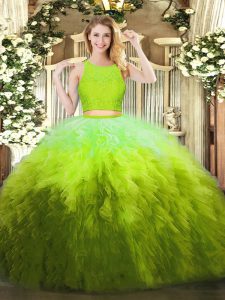 Lace and Ruffles Quinceanera Dresses Olive Green Zipper Sleeveless Floor Length