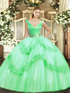 Dazzling Floor Length Apple Green Vestidos de Quinceanera Tulle Sleeveless Beading and Appliques