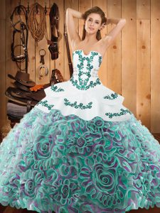 Multi-color Ball Gowns Satin and Fabric With Rolling Flowers Strapless Sleeveless Embroidery With Train Lace Up Quinceanera Dresses Sweep Train