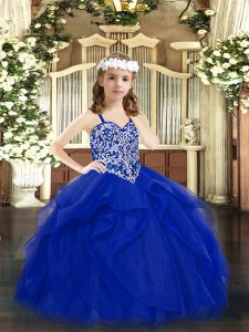 Sleeveless Floor Length Beading and Ruffles Lace Up Pageant Dress Womens with Royal Blue