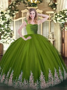 Wonderful Olive Green Ball Gowns Tulle Straps Sleeveless Beading and Appliques Floor Length Zipper Quinceanera Dress