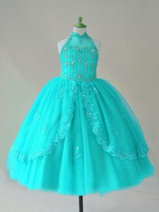 Aqua Blue Sleeveless Floor Length Beading and Appliques Lace Up High School Pageant Dress