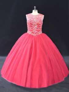 Romantic Floor Length Coral Red 15 Quinceanera Dress Scoop Long Sleeves Lace Up