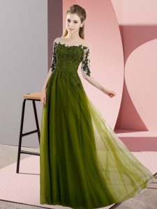 Empire Dama Dress Olive Green Bateau Chiffon Half Sleeves Floor Length Lace Up