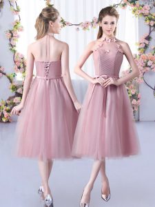 Pink Tulle Lace Up Halter Top Sleeveless Tea Length Quinceanera Court Dresses Appliques and Belt