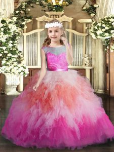 Dramatic Multi-color Ball Gowns Scoop Sleeveless Tulle Floor Length Backless Lace and Ruffles Little Girls Pageant Dress Wholesale