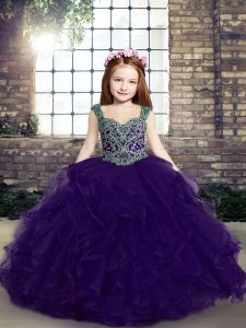 Glorious Floor Length Lace Up Little Girls Pageant Dress Purple for Party and Military Ball and Wedding Party with Beading and Ruffles