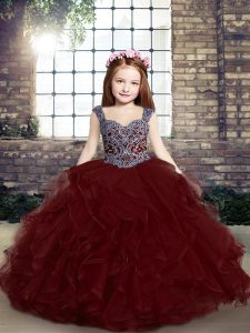 Straps Sleeveless Tulle Little Girls Pageant Dress Beading and Ruffles Lace Up
