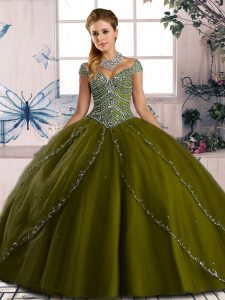 Admirable Sweetheart Cap Sleeves Brush Train Lace Up Sweet 16 Dress Olive Green Organza