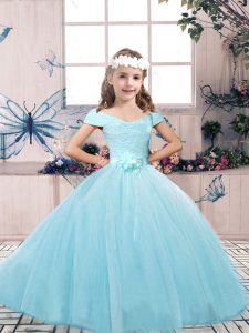 Flare Floor Length Aqua Blue Winning Pageant Gowns Tulle Sleeveless Lace and Belt
