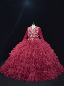Exceptional Organza V-neck Long Sleeves Lace Up Ruffled Layers 15 Quinceanera Dress in Burgundy