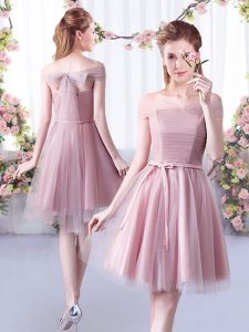 Custom Made A-line Damas Dress Pink Off The Shoulder Tulle Sleeveless Knee Length Lace Up