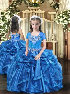 Inexpensive Floor Length Baby Blue Pageant Gowns For Girls Straps Sleeveless Lace Up