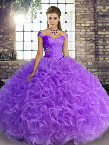 Best Selling Lavender Fabric With Rolling Flowers Lace Up Off The Shoulder Sleeveless Floor Length Quinceanera Gown Beading