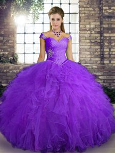 Glamorous Floor Length Lace Up 15 Quinceanera Dress Purple for Military Ball and Sweet 16 and Quinceanera with Beading and Ruffles