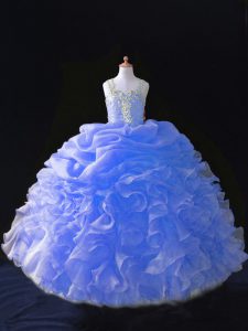 Simple Blue Straps Neckline Beading and Ruffles and Pick Ups Little Girls Pageant Dress Wholesale Sleeveless Zipper