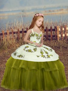 Fantastic Floor Length Ball Gowns Sleeveless Olive Green Little Girls Pageant Gowns Lace Up