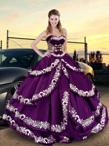 Decent Purple Lace Up Sweetheart Embroidery and Ruffled Layers Ball Gown Prom Dress Satin Sleeveless