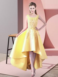Classical Yellow A-line Scoop Sleeveless Satin High Low Zipper Lace Quinceanera Court of Honor Dress