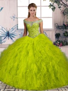 Captivating Olive Green Tulle Lace Up Off The Shoulder Sleeveless 15 Quinceanera Dress Brush Train Beading and Ruffles