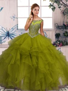 Fine Floor Length Olive Green 15th Birthday Dress Scoop Sleeveless Zipper