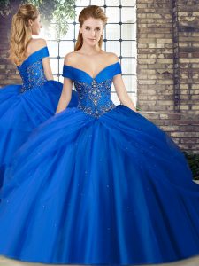 Affordable Beading and Pick Ups Sweet 16 Dress Royal Blue Lace Up Sleeveless Brush Train