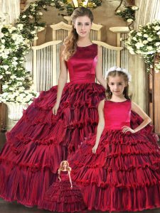 Custom Fit Wine Red Quince Ball Gowns Military Ball and Sweet 16 and Quinceanera with Ruffled Layers Scoop Sleeveless Lace Up