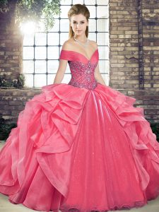 High End Coral Red Lace Up Sweet 16 Dress Beading and Ruffles Sleeveless Floor Length