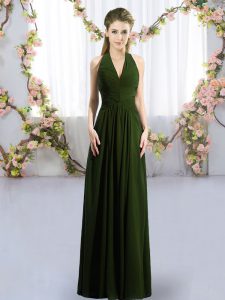Olive Green Vestidos de Damas Wedding Party with Ruching Halter Top Sleeveless Lace Up
