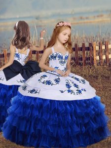 Exceptional Floor Length Royal Blue Little Girl Pageant Dress Organza Long Sleeves Embroidery and Ruffled Layers
