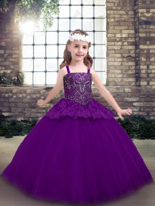 Floor Length Lace Up Pageant Dress for Girls Purple for Party and Military Ball and Wedding Party with Beading
