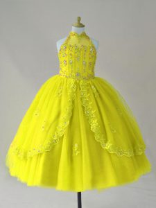 Charming Yellow Ball Gowns High-neck Sleeveless Tulle Floor Length Lace Up Beading and Appliques Little Girls Pageant Dress