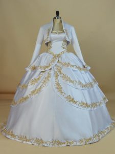 Satin Straps Sleeveless Lace Up Embroidery Ball Gown Prom Dress in White