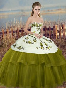 Traditional Embroidery and Bowknot 15th Birthday Dress Olive Green Lace Up Sleeveless Floor Length