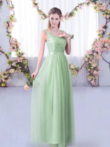 Shining Floor Length Apple Green Vestidos de Damas Tulle Sleeveless Lace and Belt
